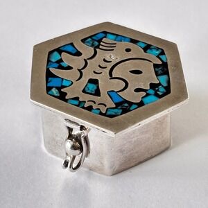 Taxco Mexico 925 Sterling Silver Pill Box Turquoise Hexagon 25g